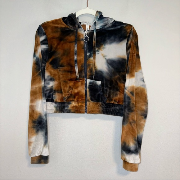 Planet Gold Tops - Planet Gold - Tie Dye Velvet Cropped Zip-Up Hoodie